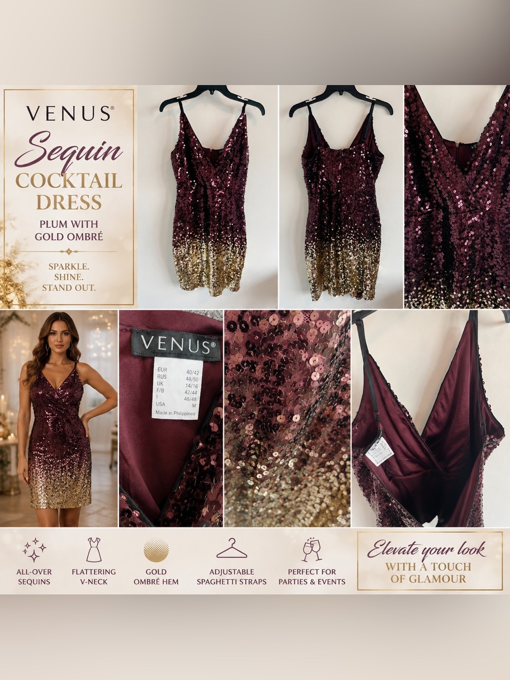 VENUS Burgundy and Gold Sequin Ombre Mini Dress. Size medium.